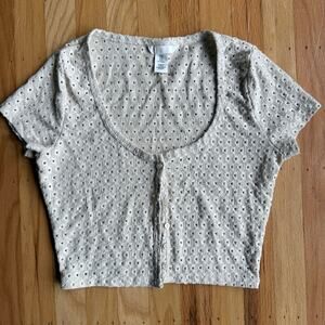 H&M Cream Eyelet Crop Top Blouse Embroidered Button Down Size M Boho 90's Y2K